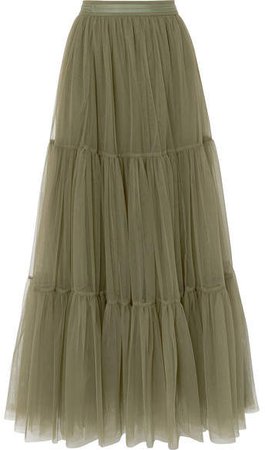 Tiered Bead-embellished Tulle Skirt - Green