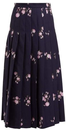 Floral Jacquard Pleated Cotton Blend Midi Skirt - Womens - Navy Multi