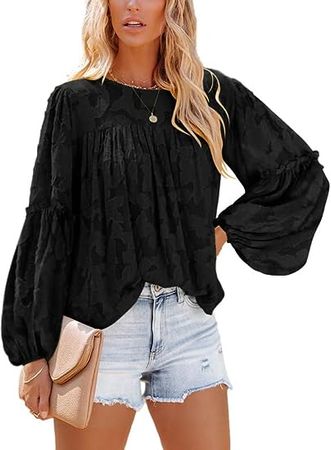 Dokotoo Womens 3/4 Bell Sleeve Blouse Summer Crewneck Lace Tops Floral Textured Babydoll Shirts at Amazon Women’s Clothing store