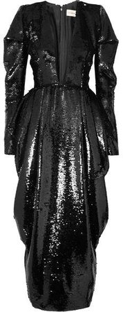 Draped Sequined Chiffon Gown - Black