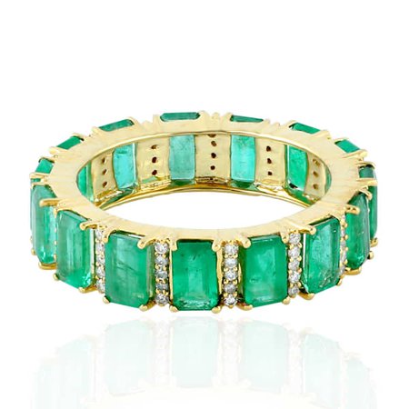 18K Yellow Gold Pave Diamond Bauette Emerald Band Ring
