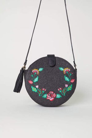 Embroidered Shoulder Bag - Black