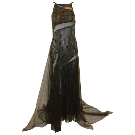F/W 1999 Gianni Versace Runway Sheer Beaded Black Silk Gown Dress For Sale at 1stDibs