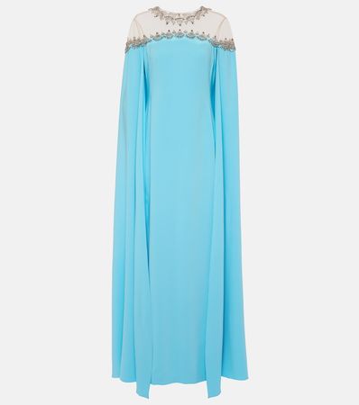 Embellished Caped Silk Blend Gown in Blue - Oscar De La Renta | Mytheresa