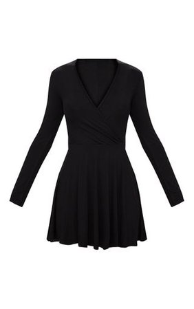 Black Jersey Wrap Long Sleeve Skater Dress | PrettyLittleThing