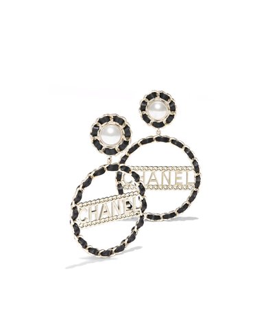 Clip-on Earrings, metal, imitation pearls & calfskin, gold, black & pearly white - CHANEL