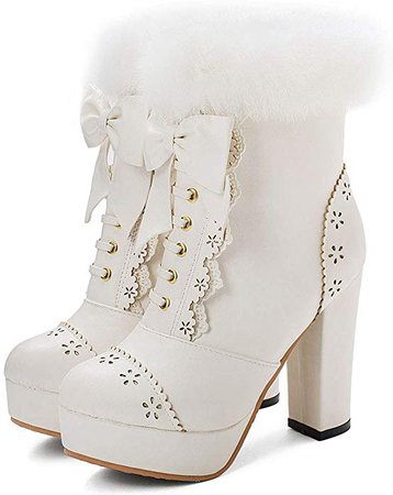 Vimisaoi Women's Sweet Lolita Ankle Boots, Platform Chunky High Heels Fur Bow Party Dress Booties | Ankle & Bootie
