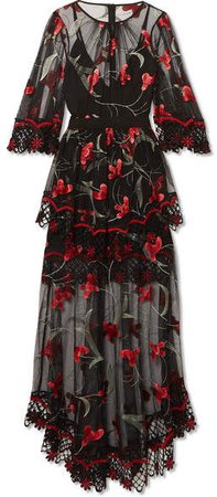 Marigold Guipure Lace-trimmed Embroidered Tulle Maxi Dress - Black