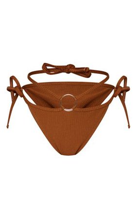 Brown Ribbed Ring Tanga Bikini Bottoms | PrettyLittleThing