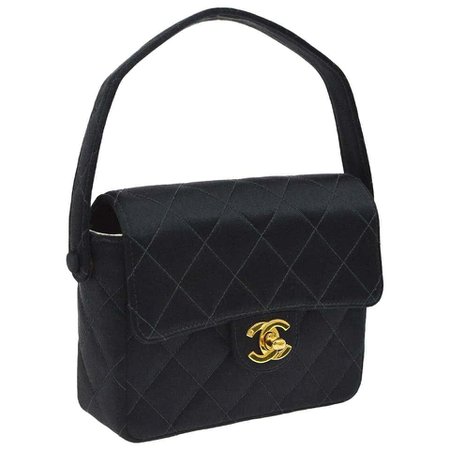 Chanel Black Satin Top Handle Satchel Small Mini Kelly Evening Party Flap Bag For Sale at 1stdibs