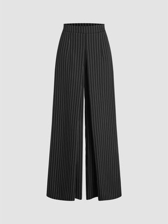 Middle Waist Stripe Pleated Wide Leg Trousers - Cider