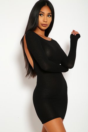 Sexy Black Dress Long Sleeve Backless Chain Detail Club Dress Party Dress LBD