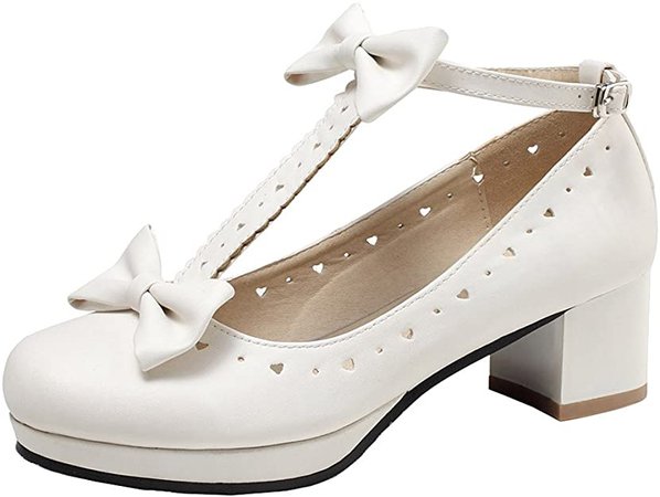 Amazon.com | getmorebeauty Mary Jane Shoes Sweet T-Strap Bows Middle Heel (US 7.5, White) | Pumps