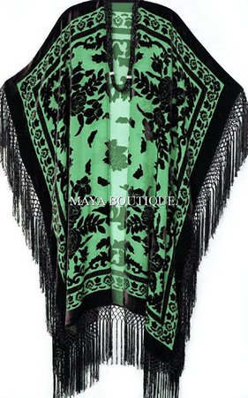 Caftan Duster Fringe Jacket Kimono Black Green Silk Burnout - Etsy