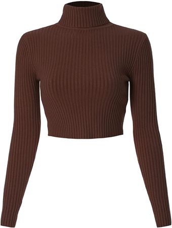 MixMatchy Women's Casual Solid Long Sleeve Ribbed Turtle Neck Cropped Sweater Terra S at Amazon Women’s Clothing store