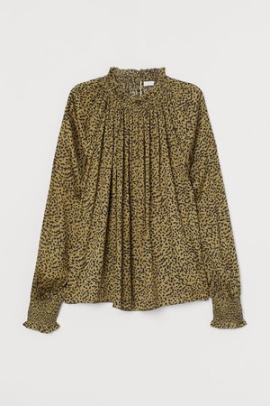 Ruffle-collar Wide-cut Blouse - Khaki green/leopard print - Ladies | H&M US