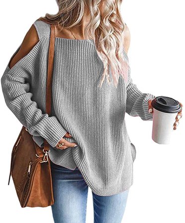 MaQiYa Womens Cold Shoulder Oversized Pullover Sweaters Batwing Sleeve Chunky Knitted Jumper Winter Casual Tunic Tops (Orange, Medium) at Amazon Women’s Clothing store
