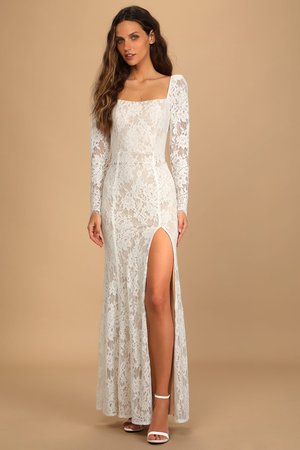 Together in Bliss White Lace Long Sleeve Mermaid Maxi Dress Lulus