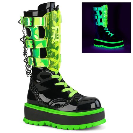DEMONIA "Slacker-156" Ankle Boots - Black Patent-UV Neon Green – Demonia Cult