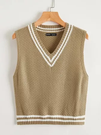 nude V Neck Striped Pattern Sweater Vest | SHEIN USA