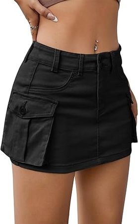 Amazon.com: LILLUSORY Women Black Cargo Skirt y2k Mini Denim Jean Skort Sexy Cute Low Waist with Pocket : Clothing, Shoes & Jewelry