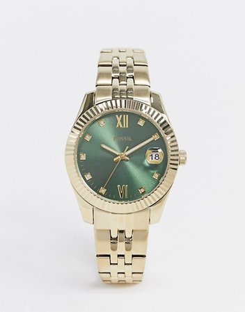 Fossil mini scarlett gold metal bracelet watch with green dial ES4903 | ASOS