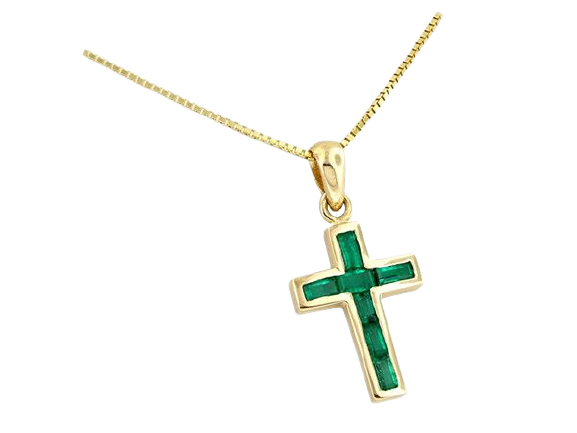 Emerald and yellow gold cross necklace