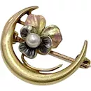 Victorian Crescent Moon & Pansy Pin 10K Gold, Seed Pearl & Enamel : Arnold Jewelers | Ruby Lane