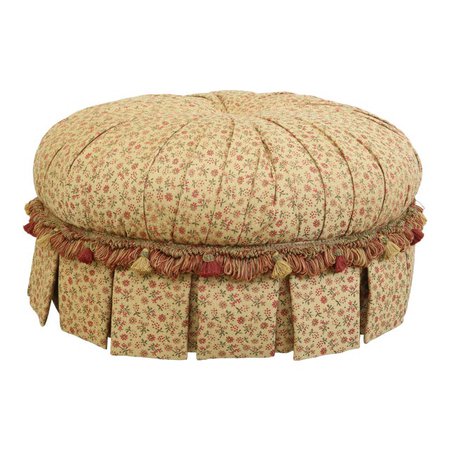 Stanford Custom Upholstered Tufted & Fringed Round Ottoman | Chairish