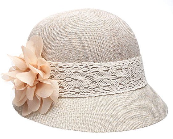 Epoch Women's Gatsby Linen Cloche Hat With Lace Band and Flower - Natural at Amazon Women’s Clothing store