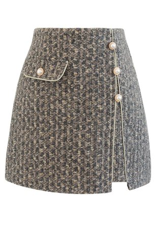 Golden Fringe Buttoned Tweed Mini Bud Skirt in Smoke - Retro, Indie and Unique Fashion