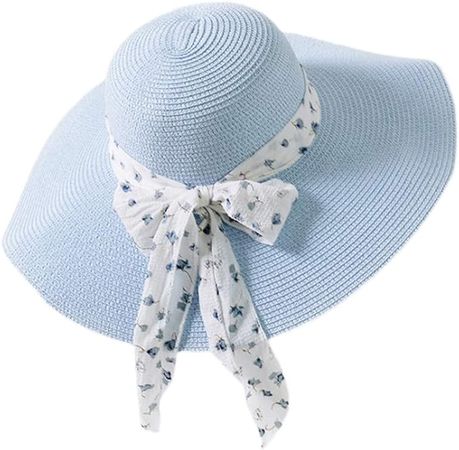 Yingbei Chiffon Streamers Ladies Straw hat Summer Travel Sunscreen Sun hat Beach hat Folding hat (Blue) at Amazon Women’s Clothing store