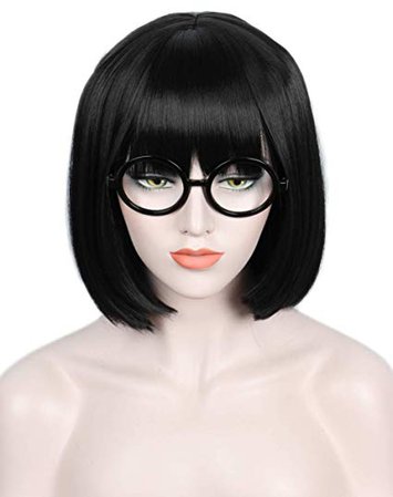 Amazon.com: Linfairy Short Black Bob Fluffy Wig Halloween Cosplay Costume Wig for Women with Glasses Frames: Clothing