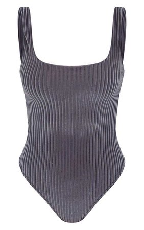 Grey Velvet Ribbed Square Neck Thong Bodysuit | PrettyLittleThing