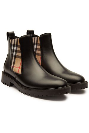 Burberry - Leather Ankle Boots with Check Printed Fabric - black