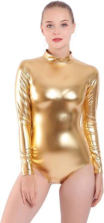 Amazon.com: Mvefward Women Shiny Metallic Leotard Turtleneck Long Sleeve Unitard Metallic Bodysuit Adult Spandex One Piece Dancewear Costume Gold XXL : Clothing, Shoes & Jewelry