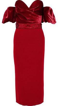 Stassi Off-the-shoulder Sequin-embellished Velvet-paneled Ribbed-knit Midi Dress