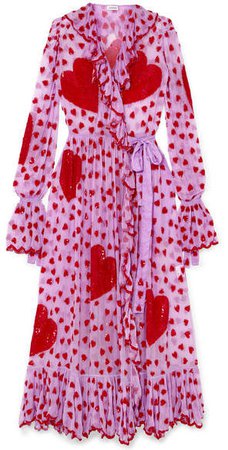 Ruffled Embellished Chiffon Wrap Maxi Dress - Pink