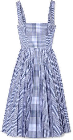 Pleated Checked Coated-poplin Dress - Blue