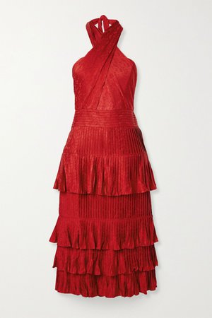 Crimson Eccentric Vibes tiered ruffled floral satin-jacquard midi dress | Johanna Ortiz | NET-A-PORTER