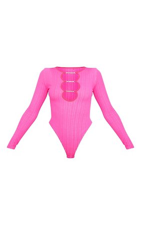 Hot Pink Stretch Rib Diamante Cut Out Bodysuit | PrettyLittleThing USA