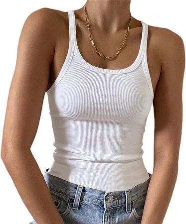 Artfish Women's Sleeveless Full Tank Top Form Fitting Scoop Neck Ribbed Knit Basic Tight Fitted Cami White S at Amazon Women’s Clothing store