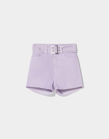 Fitted denim shorts with belt detail - Denim - Woman | Bershka