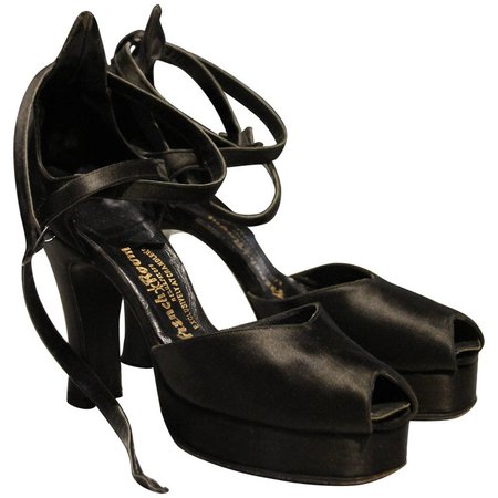 1940s French Room Black Satin Peep-Toe Platform High Heels w Double Ankle Strap For Sale at 1stdibs