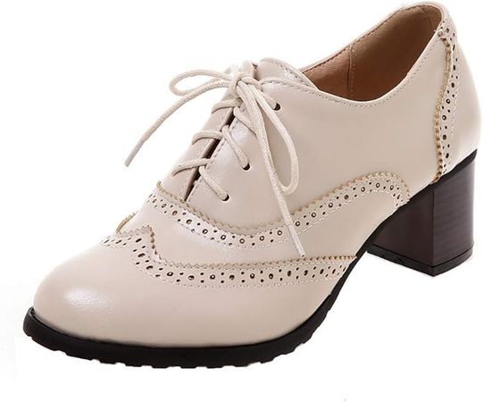 Amazon.com | Womens Stacked Chunky Heels Brogues Oxford Block Heel Lace Up Pumps Wingtip Dress Shoes(White,US Size 9) | Shoes