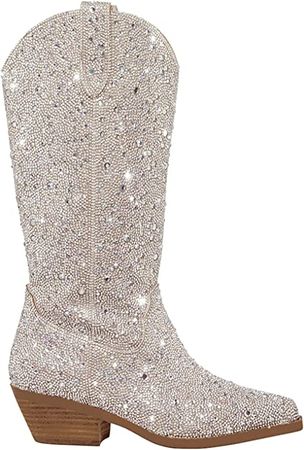 Amazon.com | Atuelang Women's Rhinestone Cowboy Boots Sparkly Knee High Boots Fashion Pointed Toe Block Heel Mid Calf Cowgirl Short Ankle Booties | Mid-Calf