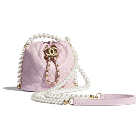 Calfskin, Imitation Pearls & Gold-Tone Metal Light Pink Mini Drawstring Bag | CHANEL