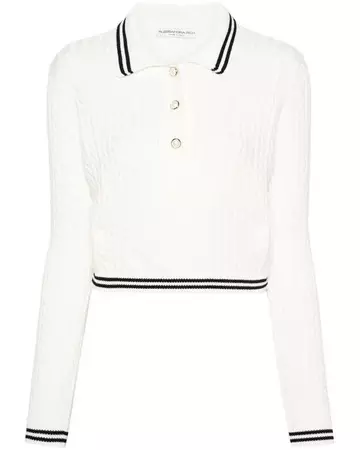 Alessandra Rich Cable Knit Polo Sweater in White | Lyst