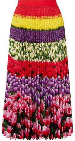 Uni Pleated Floral-print Crepe De Chine Midi Skirt - Pink