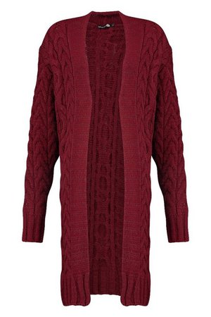 Tall Soft Knit Cable Cardigan | Boohoo burgundy